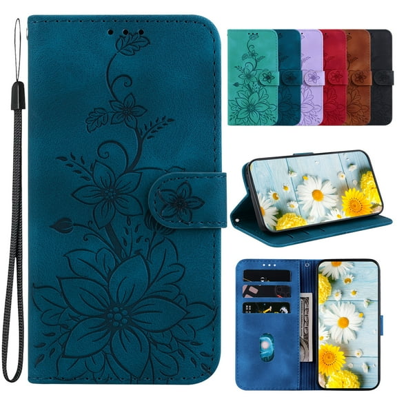 Dteck for iPhone 14 Pro Wallet Case,Premium PU Leather Embossed Pattern Folio Flip Case with Card Holders Wrist Strap Kickstand,Folio Purse Cover for iPhone 14 Pro,Blue Lily