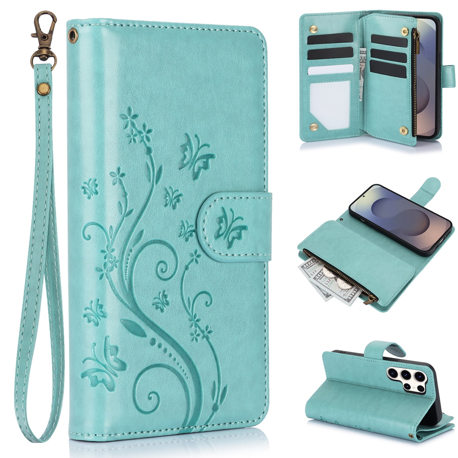 Dteck for iPhone 14 Wallet Case, Embossed Butterfly PU Leather Phone Case Women Men Flip Cover Wrist Strap Zipper Credit Card Holder Slots for iPhone 14,Green
