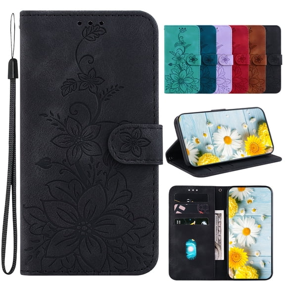 Dteck for iPhone 14 Wallet Case,Premium PU Leather Embossed Pattern Folio Flip Case with Card Holders Wrist Strap Kickstand,Folio Purse Cover for iPhone 14,Black Lily