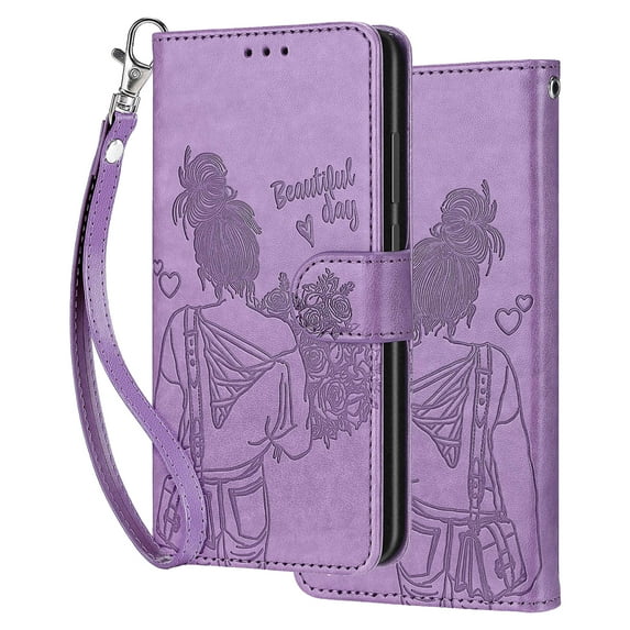 Dteck for iPhone 14 Wallet Case for Women Girls, Embossed Flip Kickstand Cover with Card Holder Shockproof Phone Case with Wrist Strap for iPhone 14,Purple Love