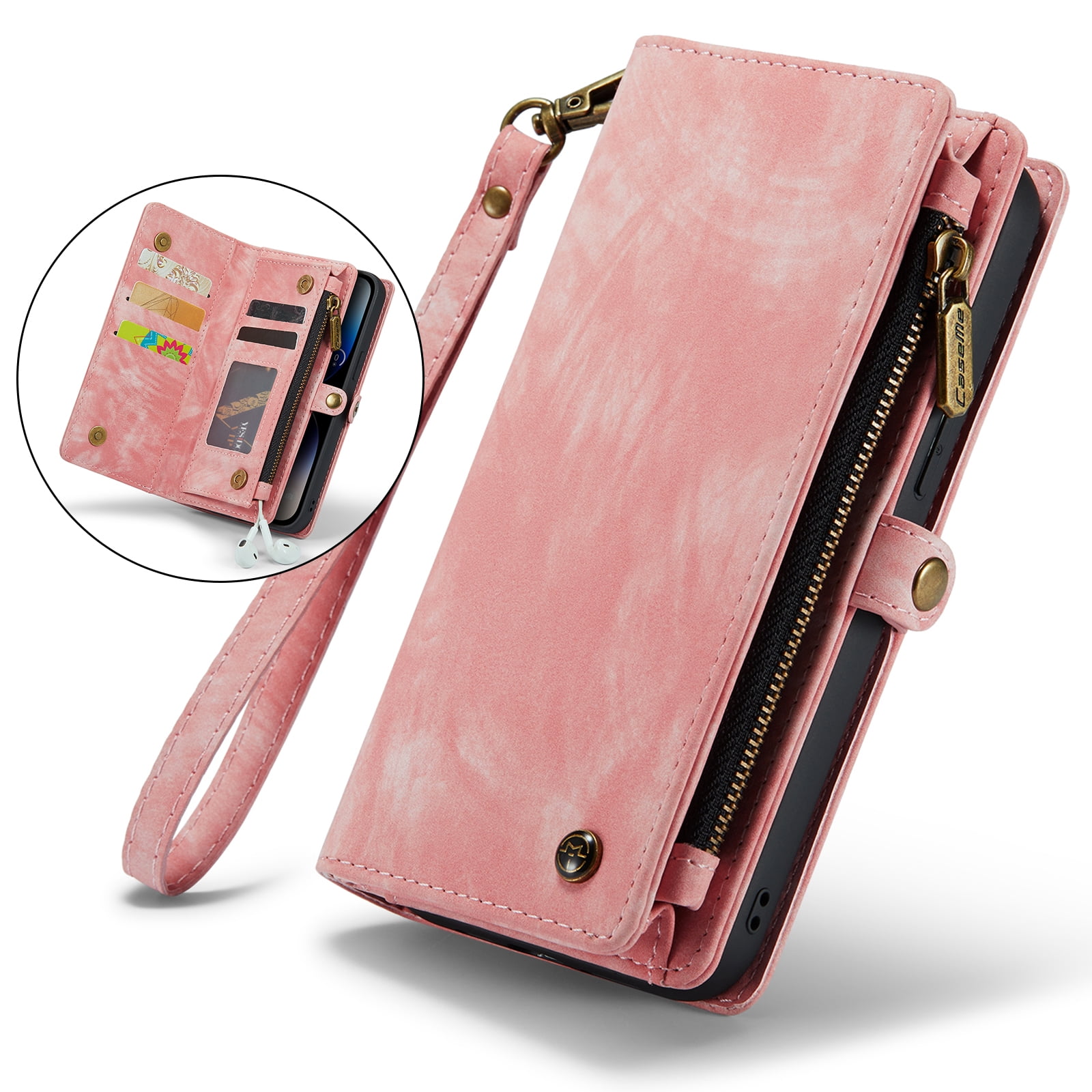 Dteck iPhone 14 Wallet Case for Women Men, Heavy Duty PU Leather Flip Case Detachable Phone Cover with 8 Card Slots Zipper Purse with Wrist Strap for iPhone 14 6.1 inch 2022, Pink