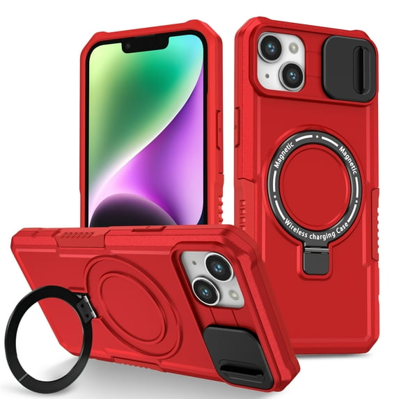 Dteck for iPhone 15 Case with 360 Rotatable Magnetic Ring Stand Military-Grade Protection Compatatible with MagSafe Shockproof Translucent Phone Cases for Women men 6.1 Inch,Red
