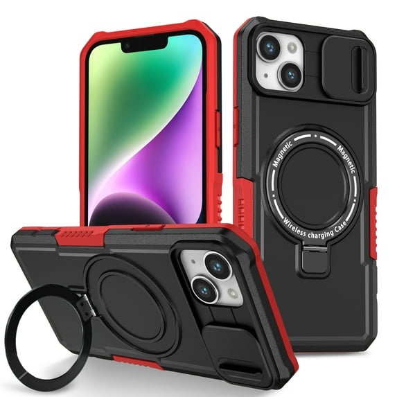 Dteck for iPhone 15 Case with 360 Rotatable Magnetic Ring Stand Military-Grade Protection Compatatible with MagSafe Shockproof Translucent Phone Cases for Women men 6.1 Inch,Black+Red