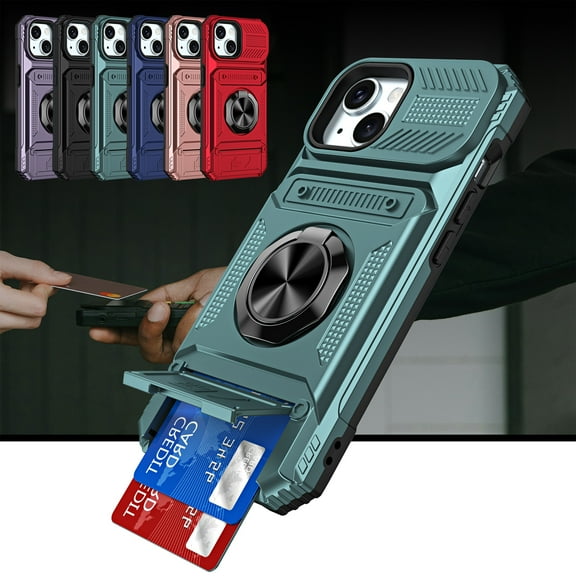 Dteck for iPhone 15 Case with Card Holder (2 Cards) & Kickstand Ring Holder, Military Grade Drop Protection Rugged Hard Phone Case for iPhone 15, Working with Magnetic Car Mount,Green