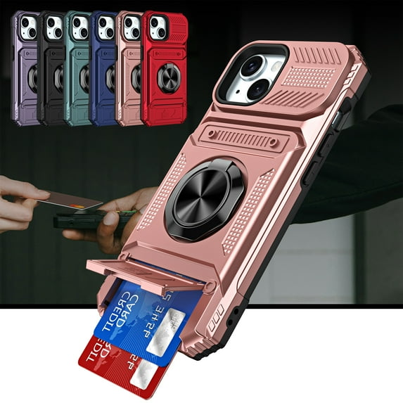 Dteck for iPhone 15 Case with Card Holder (2 Cards) & Kickstand Ring Holder, Military Grade Drop Protection Rugged Hard Phone Case for iPhone 15, Working with Magnetic Car Mount,Rosegold