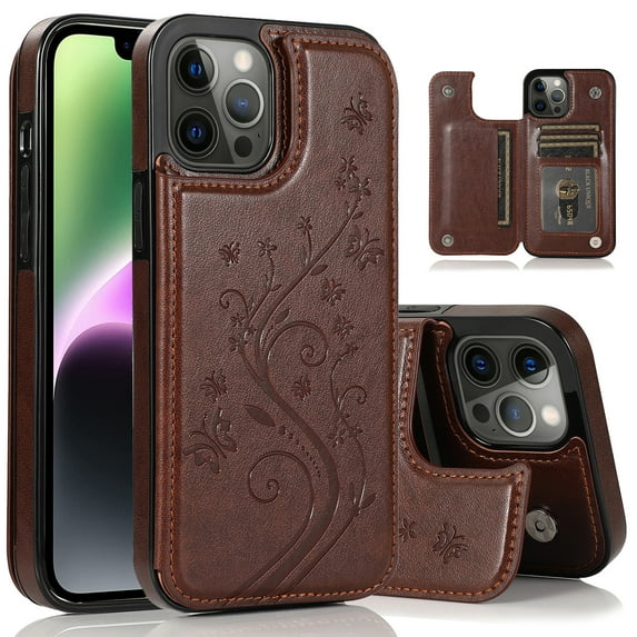 Dteck for iPhone 15 Case with Card Holder, Embossed Flower Design Magnetic Back Flip Case for iPhone 15 Wallet Case for Women, Shockproof Protective Cover 6.1 Inch,Brown