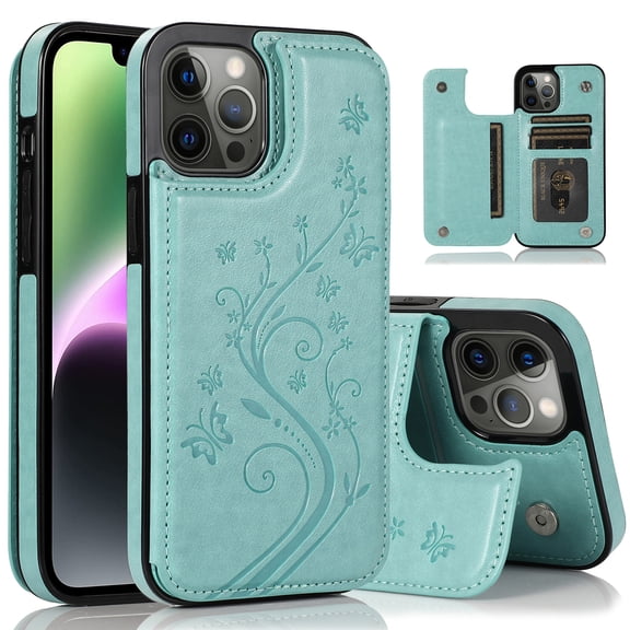 Dteck for iPhone 15 Case with Card Holder, Embossed Flower Design Magnetic Back Flip Case for iPhone 15 Wallet Case for Women, Shockproof Protective Cover 6.1 Inch,Mint