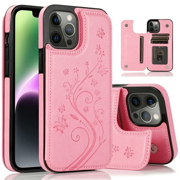 Dteck for iPhone 15 Case with Card Holder, Embossed Flower Design Magnetic Back Flip Case for iPhone 15 Wallet Case for Women, Shockproof Protective Cover 6.1 Inch,Pink