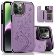 Dteck for iPhone 15 Case with Card Holder, Embossed Flower Design Magnetic Back Flip Case for iPhone 15 Wallet Case for Women, Shockproof Protective Cover 6.1 Inch,Purple