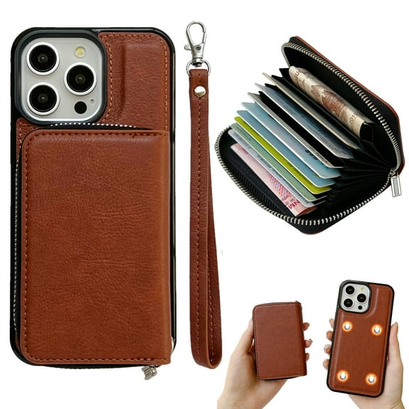 Dteck for iPhone 15 Case Detachable Wallet Case with 11-Card Holder, 2 in 1 PU Leather Zipper Purse with Wristlet for Women Men, Durable Shockproof Phone Cover for iPhone 15,Brown
