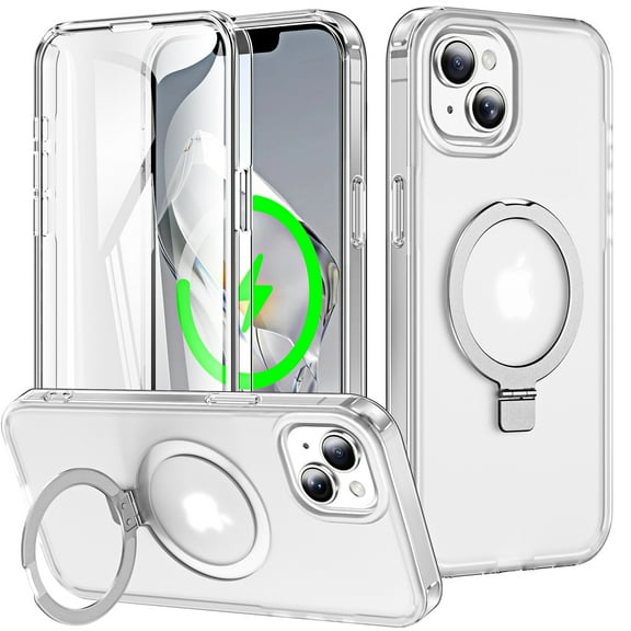 Dteck for iPhone 15 Case with Invisible Magnetic Ring Stand, Military-Grade Frosted Case with Built-in Screen Protector for iPhone 15 Case Compatible with MagSafe,Translucent