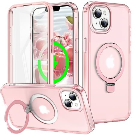 Dteck for iPhone 15 Case with Invisible Magnetic Ring Stand, Military-Grade Translucent Case with Built-in Screen Protector for iPhone 15 Case Compatible with MagSafe,Pink