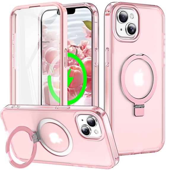 Dteck for iPhone 15 Case with Invisible Magnetic Ring Stand, Military-Grade Translucent Case with Built-in Screen Protector for iPhone 15 Case Compatible with MagSafe,Pink