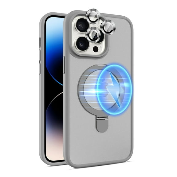 Dteck for iPhone 15 Case with Magnetic Invisible Stand & Metal Glass Camera Lens Protector, Compatible with MagSafe, Military Drop Protection Shockproof Translucent Matte Cover Ring Holder,Gray