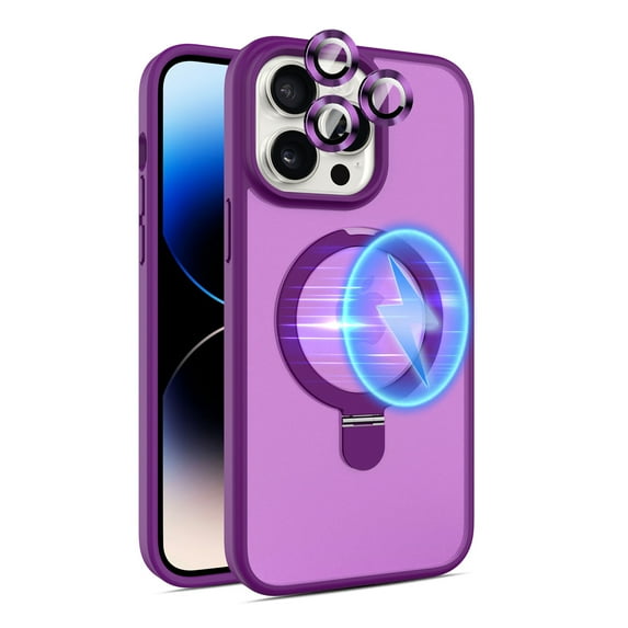 Dteck for iPhone 15 Case with Magnetic Invisible Stand & Metal Glass Camera Lens Protector, Compatible with MagSafe, Military Drop Protection Shockproof Translucent Matte Cover Ring Holder,Purple