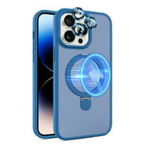 Dteck for iPhone 15 Case with Magnetic Invisible Stand & Metal Glass Camera Lens Protector, Compatible with MagSafe, Military Drop Protection Shockproof Translucent Matte Cover Ring Holder,Blue