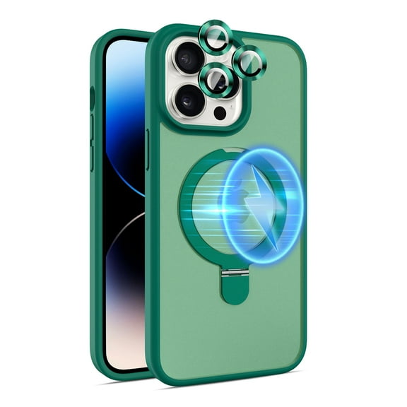 Dteck for iPhone 15 Case with Magnetic Invisible Stand & Metal Glass Camera Lens Protector, Compatible with MagSafe, Military Drop Protection Shockproof Translucent Matte Cover Ring Holder,Green