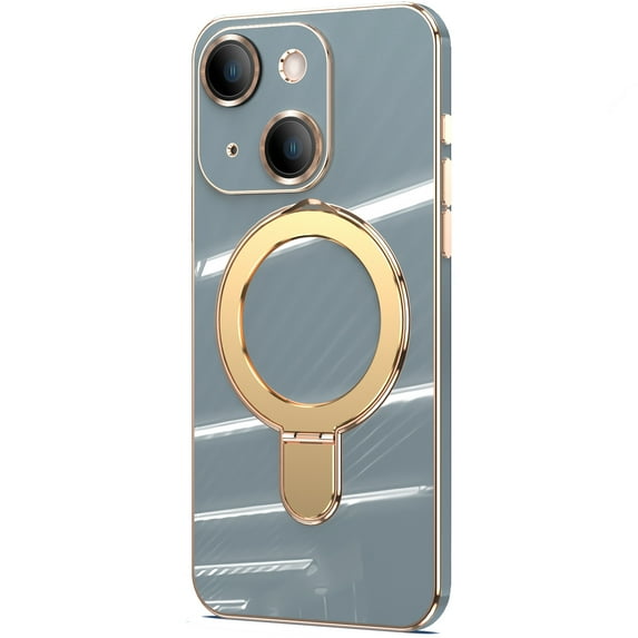 Dteck for iPhone 15 Case with Magnetic Ring Stand, Compatible with MagSafe, Full Camera Lens Protection, Luxury Plating Slim Cover for iPhone 15,Solid Gray
