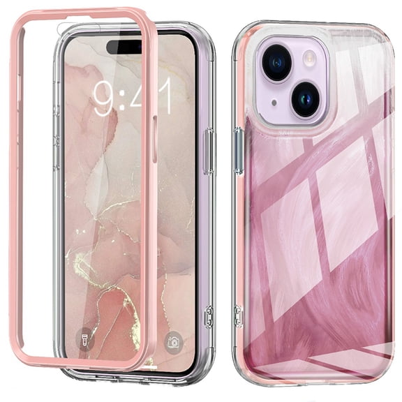 Dteck for iPhone 15 Case, Not-Yellowing Full Cover with Built-in Screen Protector, Military Grade Drop Protection Shockproof Phone Case for iPhone 15, Gradient Pink