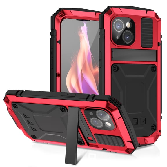 Dteck for iPhone 15 Case,Outdoor Sports Military Heavy Duty Metal Cover Shockproof Dustproof Full Body Case with Built in Tempered Glass Screen Protector Hybrid Kickstand Cover,Red