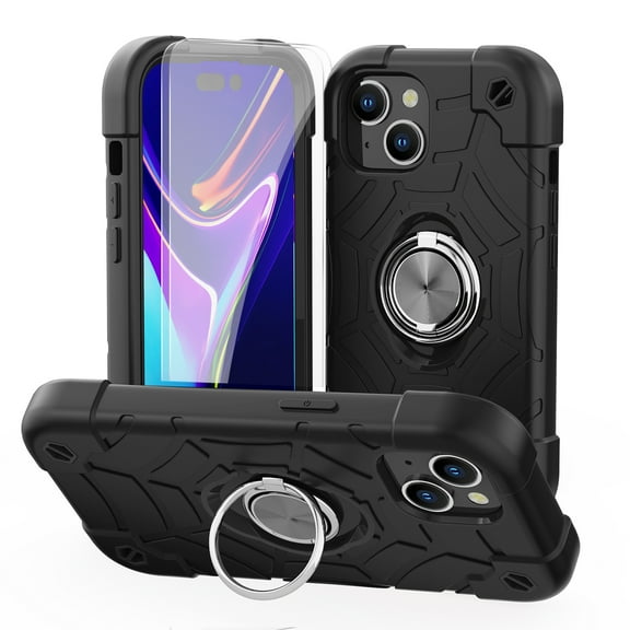 Dteck for iPhone 15 Case with Screen Protector (2 Packs), Military Grade Drop Protection Shockproof Protective Phone Case with Rotating Ring Stand for iPhone 15,Black