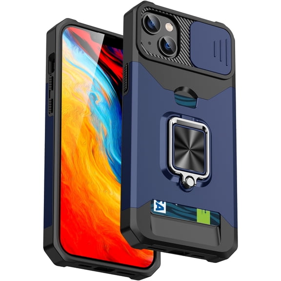 Dteck for iPhone 15 Case with Sliding Lens Cover and Card Holder Heavy Duty Protective Case with Ring Magnetic Kickstand Wallet Card Holder Support Magnetic Car Mount Phone Case, Navy
