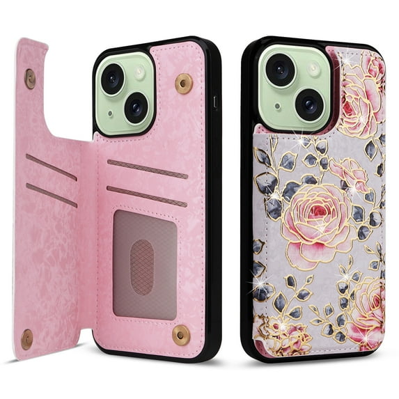Dteck for iPhone 15 Case Wallet with Card Holder,RFID Blocking PU Leather Floral Flower Pattern Flip Folio Kickstand Case with Double Magnetic Clasp,Rose