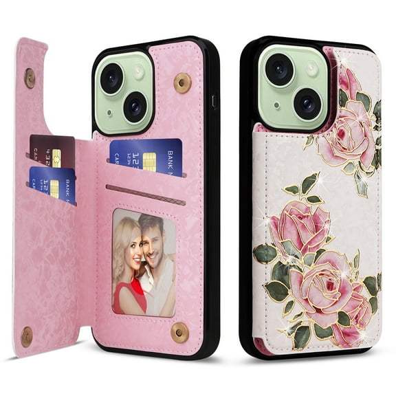 Dteck for iPhone 15 Case Wallet with Card Holder,RFID Blocking PU Leather Floral Flower Pattern Flip Folio Kickstand Case with Double Magnetic Clasp,Three Roses