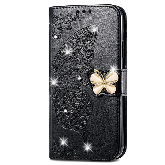 Dteck for iPhone 15 Case Wallet for Women, Flip Folio Cover with Butterfly Embossed Diamond PU Leathe Stand Card Holder Protective Case with Wrist Strap,Black
