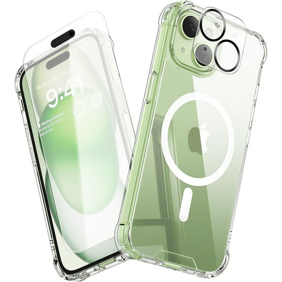 Dteck iPhone 15 Clear Case with Tempered Glass Screen Protector, Camera Lens Protector, Full Body Protection Mag Safe Cover Compatible With Apple iPhone 15 6.1 Inch, Transparent