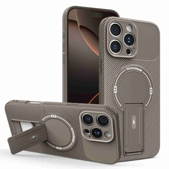 Dteck for iPhone 15 with Invisible Stand, Magnetic Military-Grade Shockproof Carbon Fiber Texture Protection Slim Hard Luxury Phone Case for Women Men, Brown