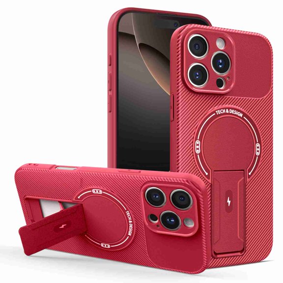 Dteck for iPhone 15 with Invisible Stand, Magnetic Military-Grade Shockproof Carbon Fiber Texture Protection Slim Hard Luxury Phone Case for Women Men, Red