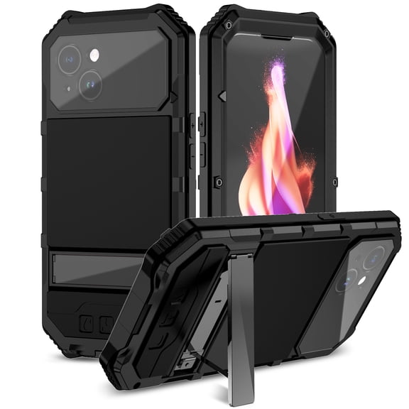 Dteck for iPhone 15 Metal Case with Screen Protector Camera Protector Military Rugged Heavy Duty Shockproof Case with Stand Full Cover Tough Kickstand case for iPhone 15, black