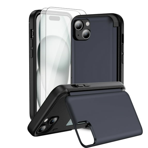 Dteck for iPhone 15 Plus Case with 2 Pack Screen Protector, Military Grade Shockproof Full Body Protection Phone Case with Card Holder Flip Kickstand for iPhone 15 Plus,Blue
