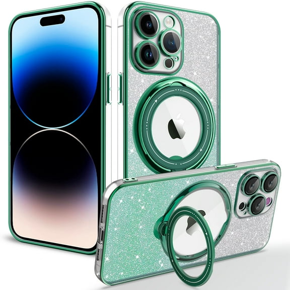 Dteck for iPhone 15 Plus Case with 360° Ring Stand, Compatible with MagSafe, Bling Panel Non-Yellowing Shockproof Magnetic Case Glitter for Women Girls,Glitter Green