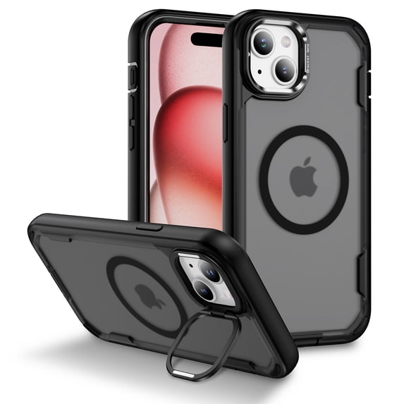 Dteck for iPhone 15 Plus Case with Camera Stand, Military-Grade Drop Protection Magnetic Phone Case Compatible with MagSafe Accessories, Frosted Black
