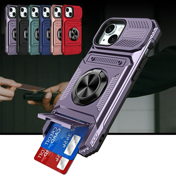 Dteck for iPhone 15 Plus Case with Card Holder (2 Cards) & Kickstand Ring Holder, Military Grade Drop Protection Rugged Hard Phone Case for iPhone 15 Plus, Working with Magnetic Car Mount,Purple