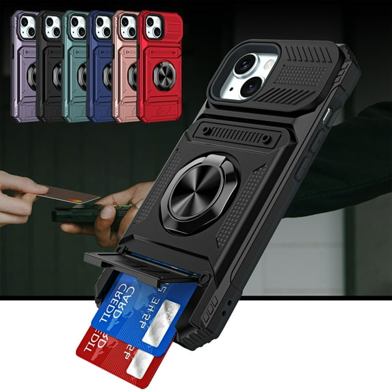 Dteck for iPhone 15 Plus Case with Card Holder (2 Cards) & Kickstand Ring Holder, Military Grade Drop Protection Rugged Hard Phone Case for iPhone 15 Plus, Working with Magnetic Car Mount,Black