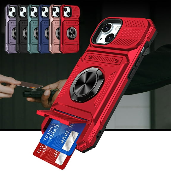 Dteck for iPhone 15 Plus Case with Card Holder (2 Cards) & Kickstand Ring Holder, Military Grade Drop Protection Rugged Hard Phone Case for iPhone 15 Plus, Working with Magnetic Car Mount,Red