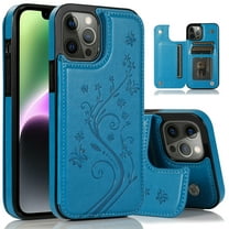 Dteck for iPhone 15 Plus Case with Card Holder, Embossed Flower Design Magnetic Back Flip Case for iPhone 15 Plus Wallet Case for Women, Shockproof Protective Cover 6.7 Inch,Blue