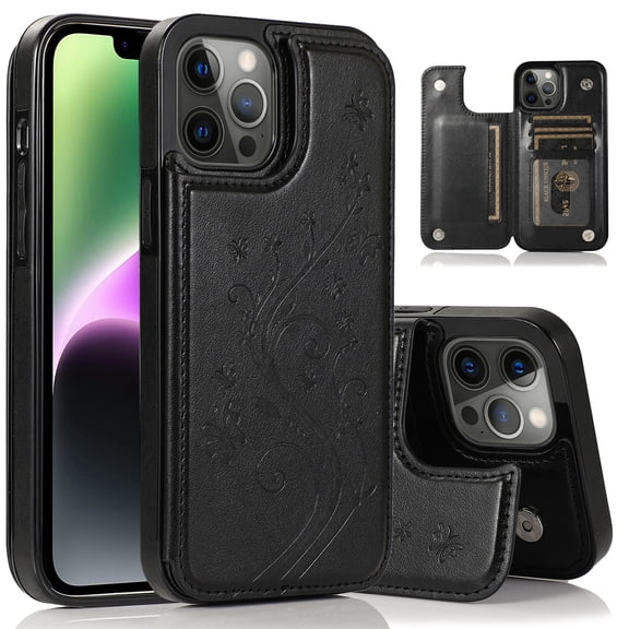 Dteck for iPhone 15 Plus Case with Card Holder, Embossed Flower Design Magnetic Back Flip Case for iPhone 15 Plus Wallet Case for Women, Shockproof Protective Cover 6.7 Inch,Black