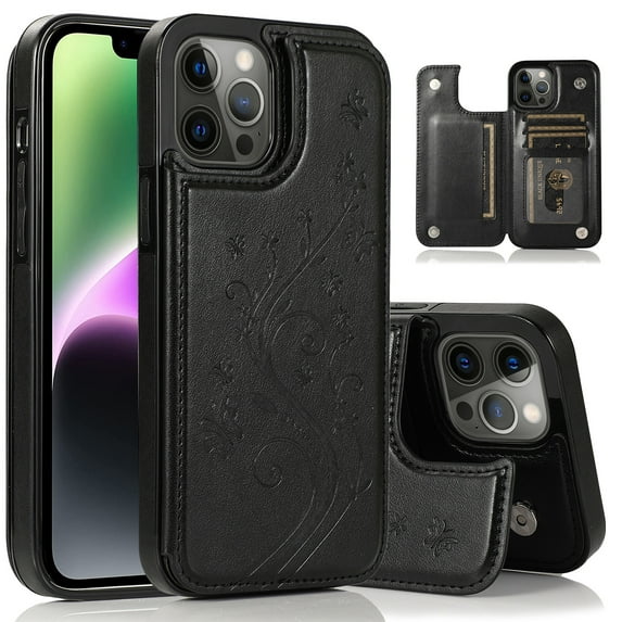 Dteck for iPhone 15 Plus Case with Card Holder, Embossed Flower Design Magnetic Back Flip Case for iPhone 15 Plus Wallet Case for Women, Shockproof Protective Cover 6.7 Inch,Black