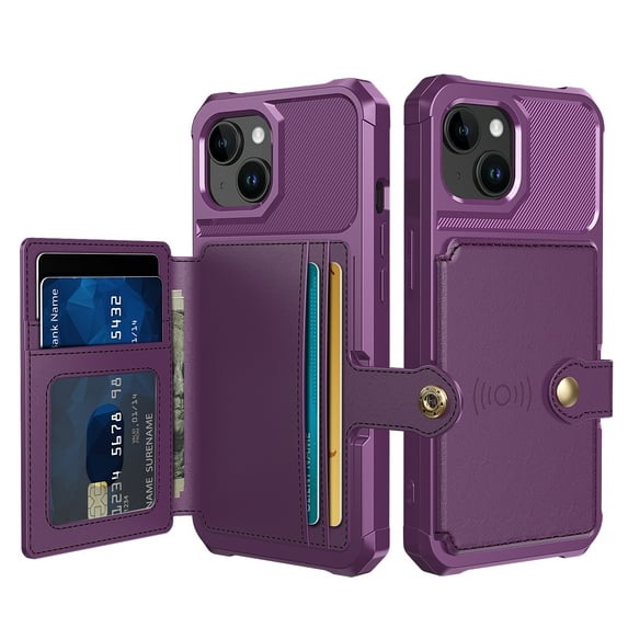 Dteck for iPhone 15 Plus Case with Card Holder, Hybrid Rubber Bumper Shockproof Magnetic Back Flip Case for iPhone 15 Plus Wallet Case for Women Men, Purple