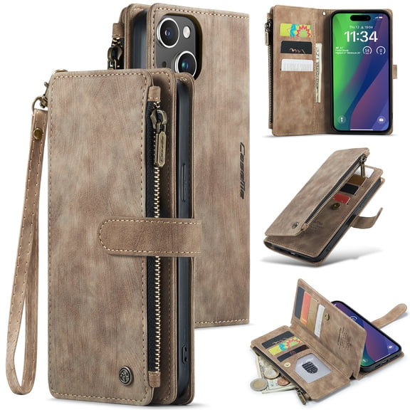 Dteck for iPhone 15 Plus Case with Card Holder, Premium iPhone 15 Plus Wallet Case for Women Men, Heavy Duty Durable PU Leather With Flip Zipper Pocket Phone Case w/ Wrist Strap Lanyard,Brown