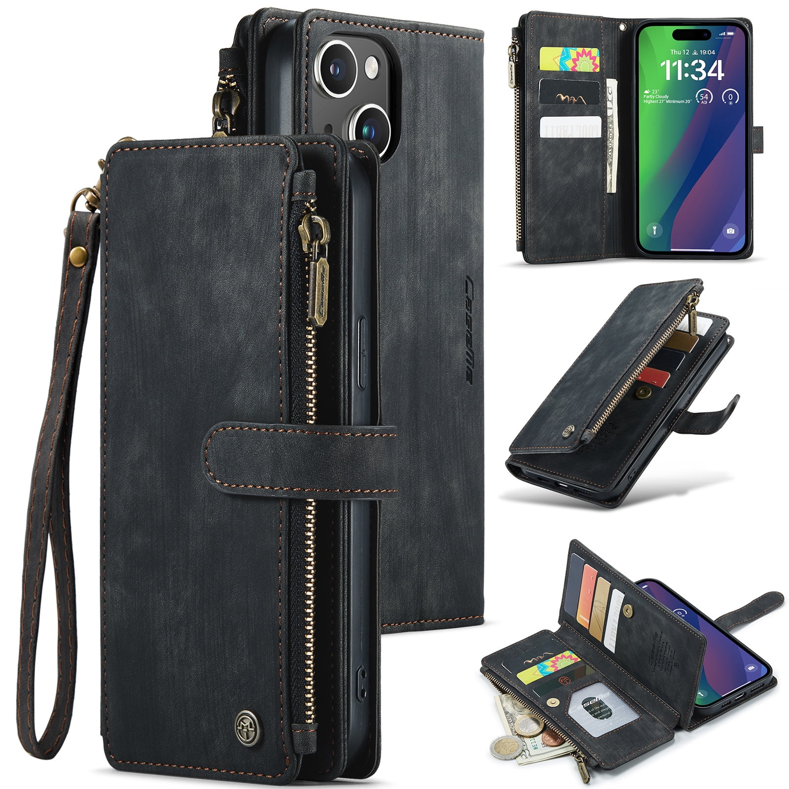 Dteck for iPhone 15 Plus Case with Card Holder, Premium iPhone 15 Plus Wallet Case for Women Men, Heavy Duty Durable PU Leather With Flip Zipper Pocket Phone Case w/ Wrist Strap Lanyard,Black