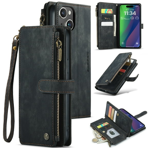 Dteck for iPhone 15 Plus Case with Card Holder, Premium iPhone 15 Plus Wallet Case for Women Men, Heavy Duty Durable PU Leather With Flip Zipper Pocket Phone Case w/ Wrist Strap Lanyard,Black