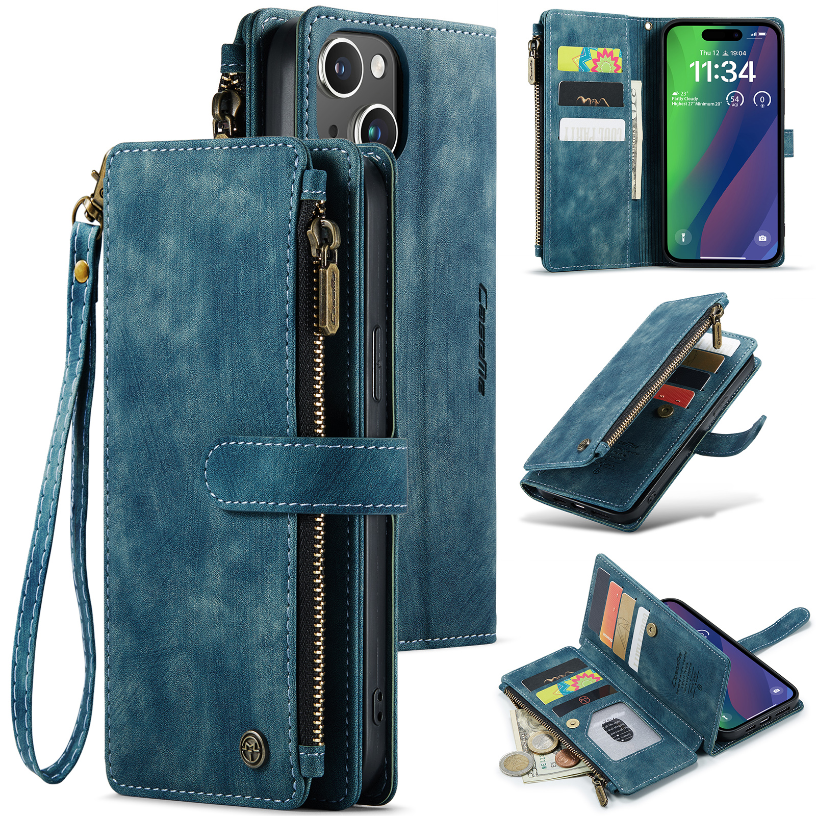 Dteck for iPhone 15 Plus Case with Card Holder, Premium iPhone 15 Plus Wallet Case for Women Men, Heavy Duty Durable PU Leather With Flip Zipper Pocket Phone Case w/ Wrist Strap Lanyard,Blue
