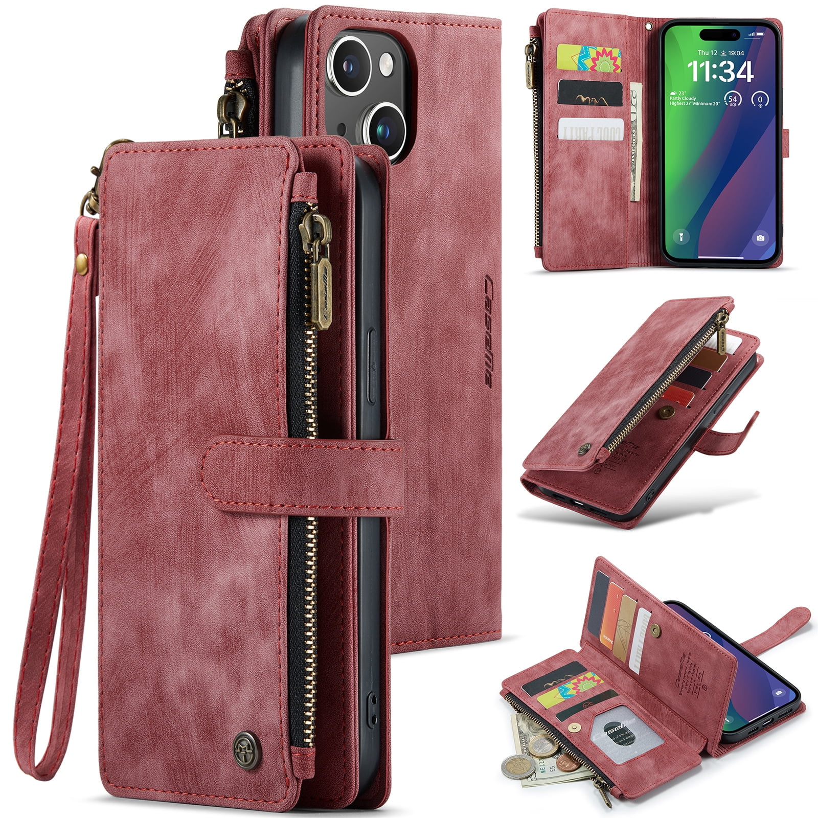 Dteck for iPhone 15 Plus Case with Card Holder, Premium iPhone 15 Plus Wallet Case for Women Men, Heavy Duty Durable PU Leather With Flip Zipper Pocket Phone Case w/ Wrist Strap Lanyard,Red