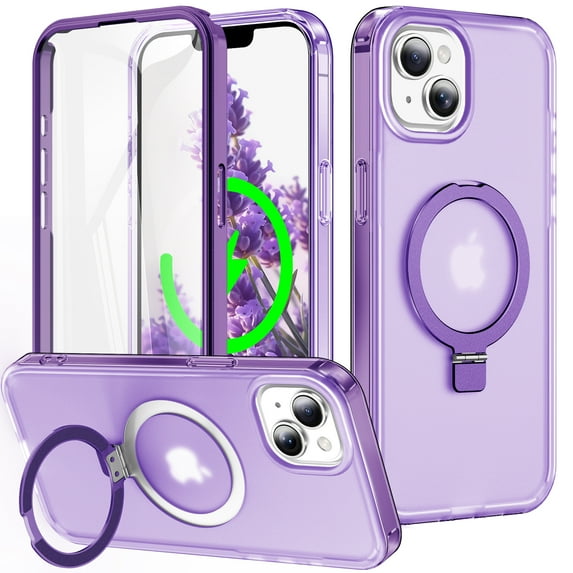 Dteck for iPhone 15 Plus Case with Invisible Magnetic Ring Stand, Military-Grade Translucent Case with Built-in Screen Protector for iPhone 15 Plus Case Compatible with MagSafe,Purple