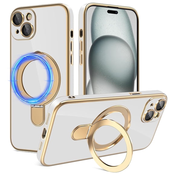 Dteck for iPhone 15 Plus Case with Magnetic Ring Stand, Compatible with MagSafe, Full Camera Lens Protection, Luxury Plating Slim Cover 15 Plus Phone Cases for Women Men,Solid White